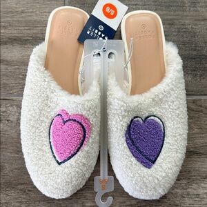 Roller Rabbit Fuzzy Cream Slippers with Heart Accents